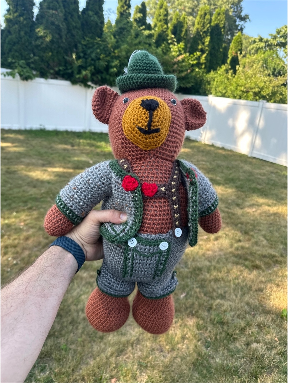Handmade Crochet Teddy Bear 22” Bavarian Lederhosen Outfit